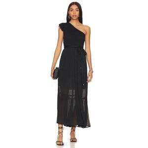 KARINA GRIMALDI SHANTI DRESS BLACK DOTTED ONE SHOULDER TIE WAIST MIDI SMALL $328